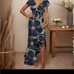 Blue and White Asymmetrical Sundress with Flutter Sleeves